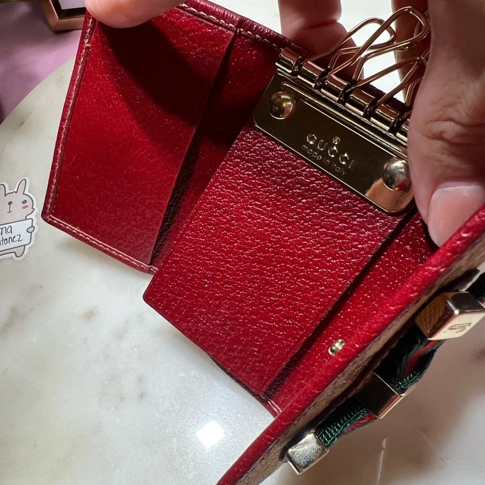 Gucci Key Case GG Canvas Beige Ribbon Red Leather Auth Elegant Beige and Red EUC - Picture 6 of 7